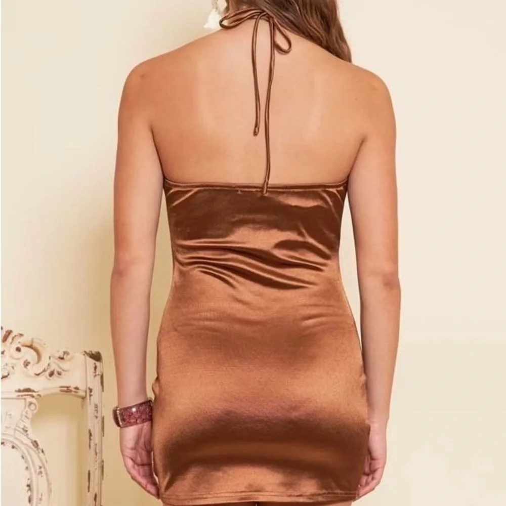 NWT Brown Shiny Body Control Halter Cocktail Mini Dress - Picture 5 of 11